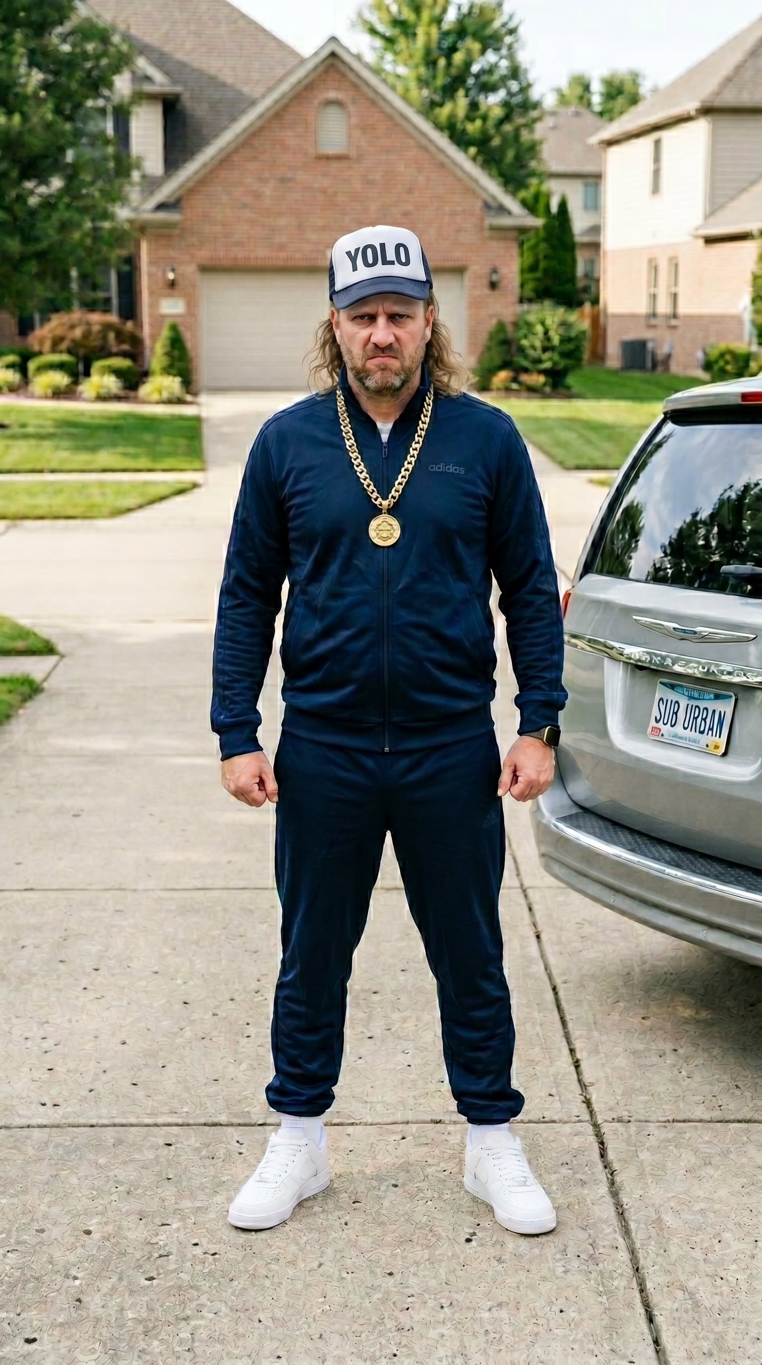 D-Swagg standing in his driveway in a YOLO trucker hat and tracksuit, minivan with SUB URBAN plate behind him