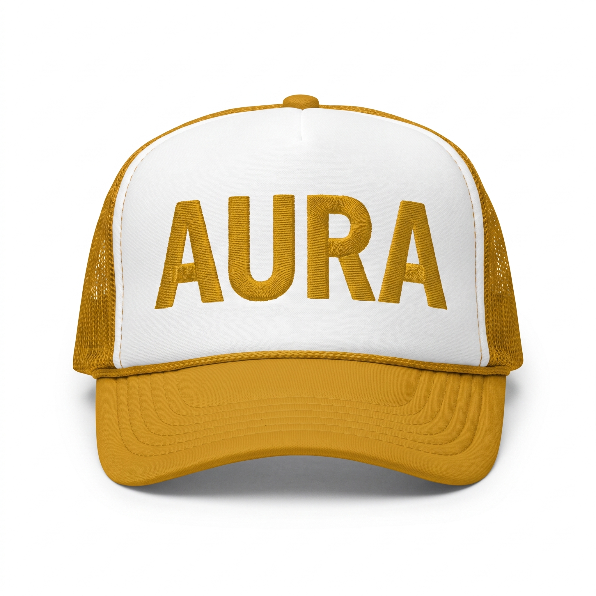 AURA trucker hat, gold and white