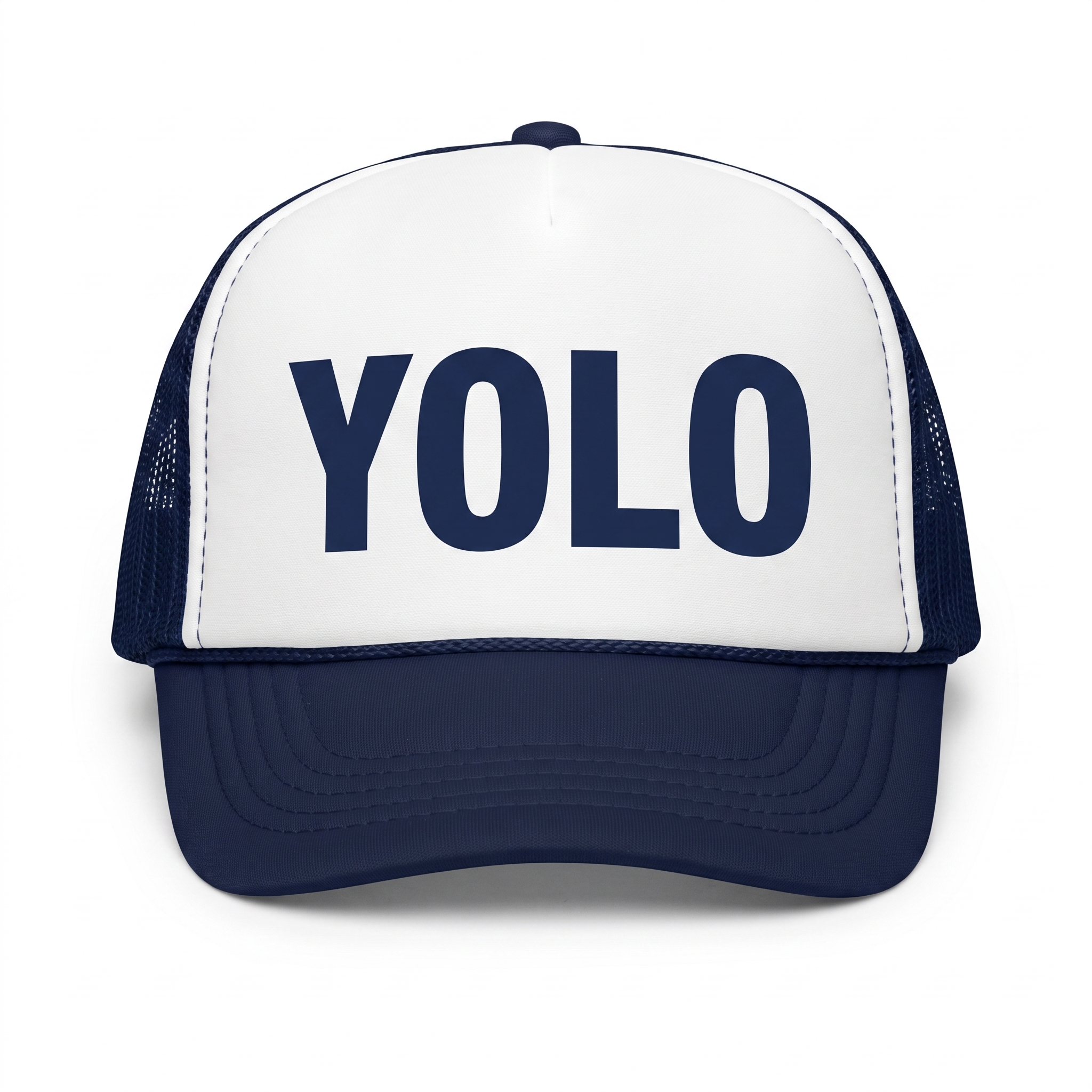 YOLO trucker hat, navy and white